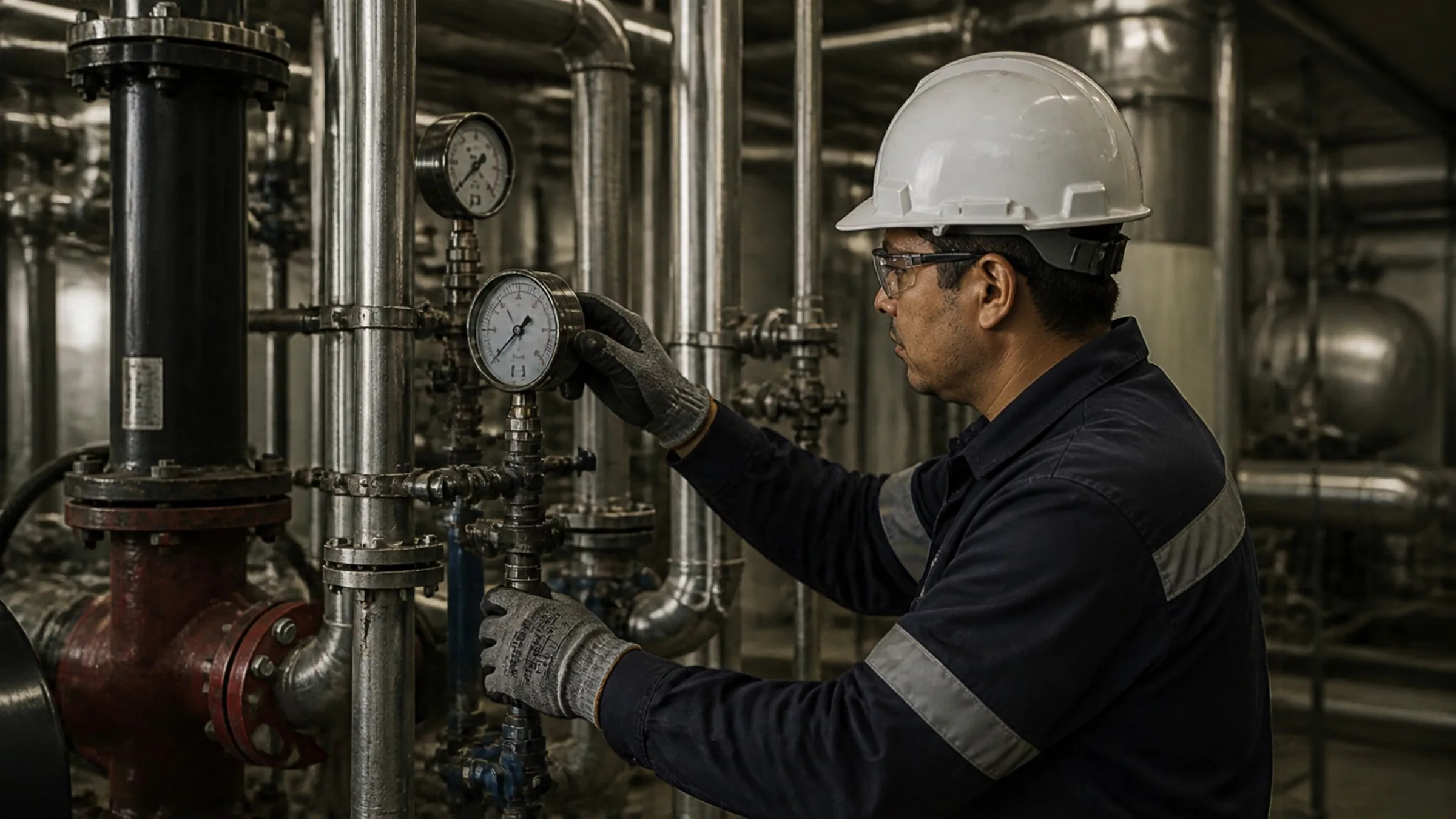 Técnico inspeccionando una instalación metálica