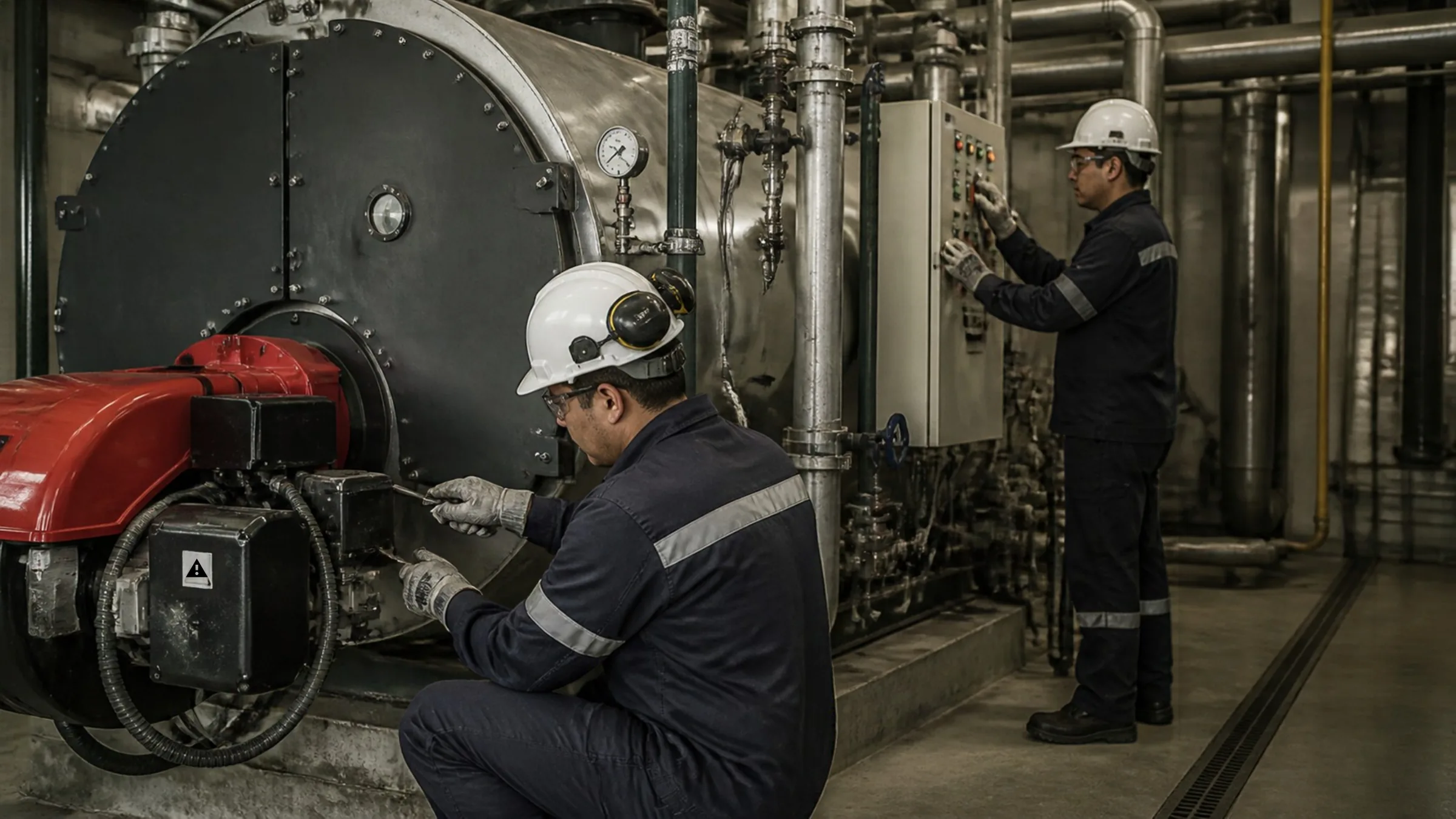mantenimiento-integral-sala-calderas Dos técnicos con equipo de protección realizando mantenimiento al quemador de una caldera industrial